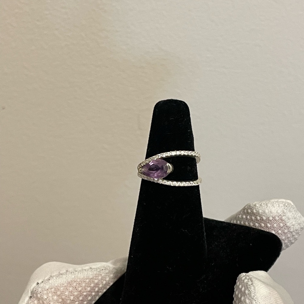 Pear Cut Amethyst Double Shank Ring In Sterling Silver White Topez